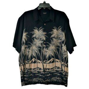 Cellinni Mens Silk Hawaiian Shirt Size L Black Tan Palm Trees Short Sleeve Party